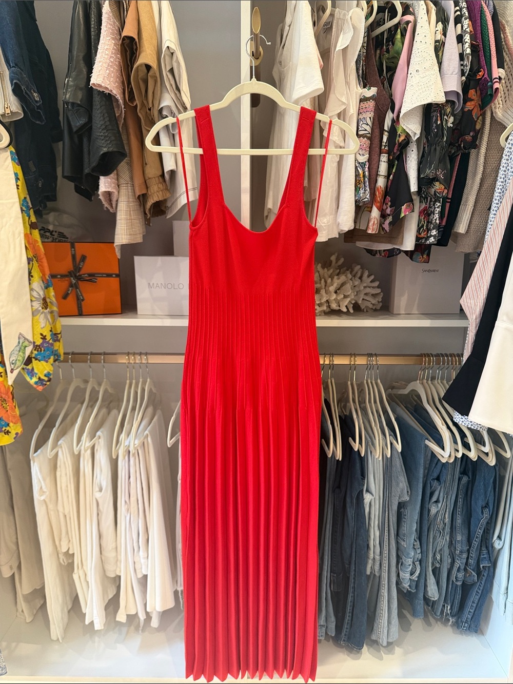 Staud Red Pleated Knit Maxi Dress - Brand: